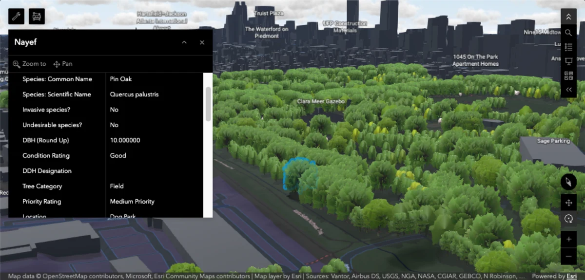Oblique 3D tree inspection view with a selected tree and its condition record