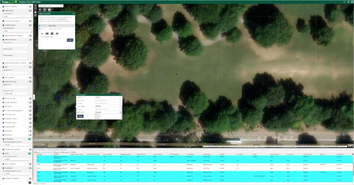Treeable aerial work editor showing selected trees, work attributes, and linked records