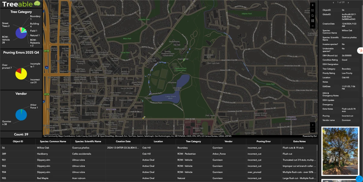 Wide Treeable vendor quality dashboard with inspection results, mapped trees, and field photograph